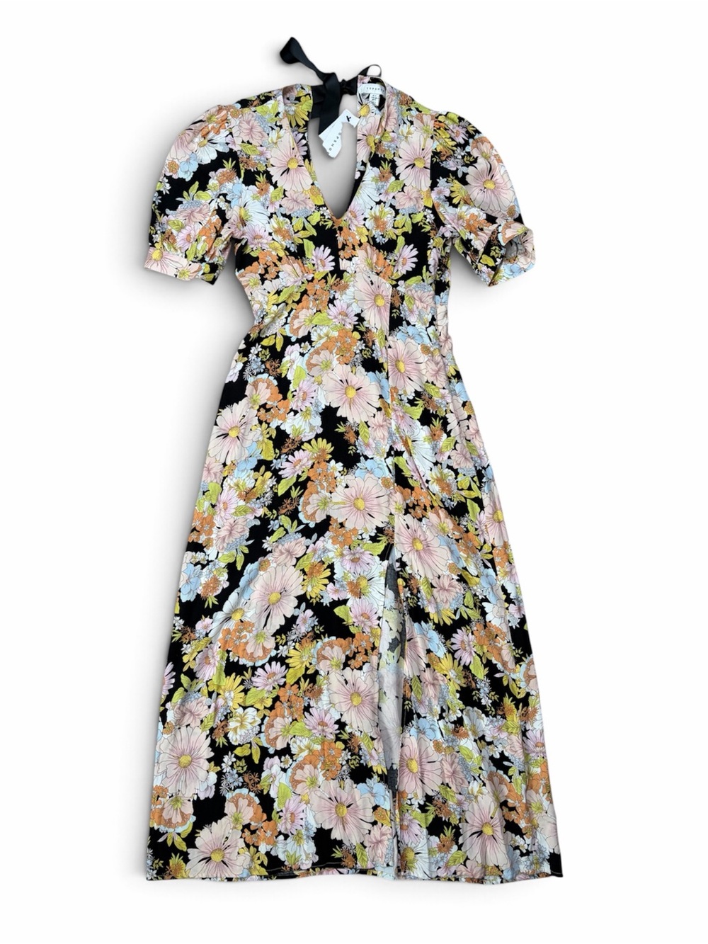 NWT Topshop Floral Maxi Dress US 4 Puff Sleeve V Neck Front Slit